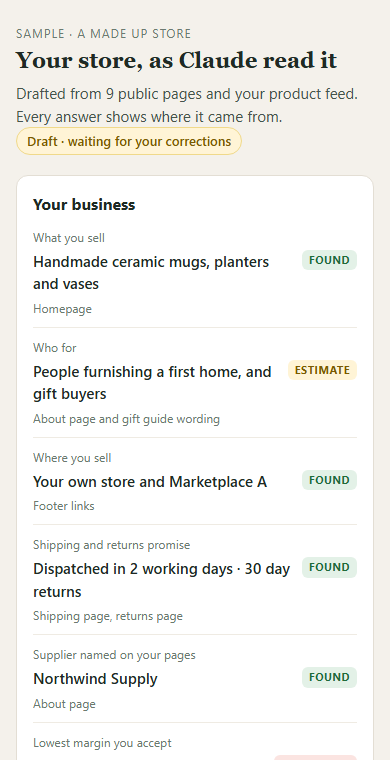 Sample of the pre-fill draft for an invented store: what it sells, brand colours, likely top ten and tools found, each marked found or estimate